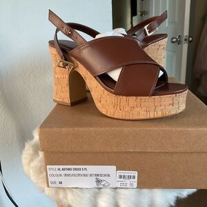 Anthropologie Brown Leather Cork-Platform Slingback Sandals